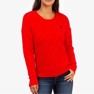 U.S. Polo Assn Red Cable Knit Logo Boxy Long Sleeve Sweater Cozy Contemporary M